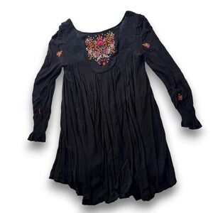 Free People Black Embroidered Floral Boho Crinkle Gauze Mini Dress Long Sleeve